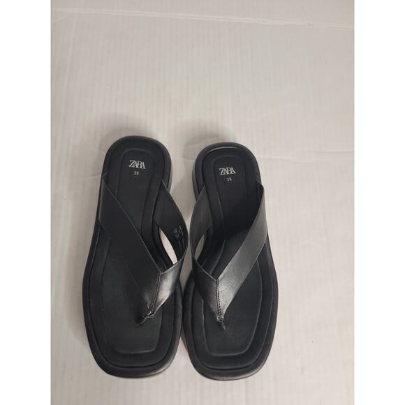 ZARA Black Platform Thong Sandal Leather Square Toe Padded EU 39 / US 8.5 - 9 - Picture 5 of 9